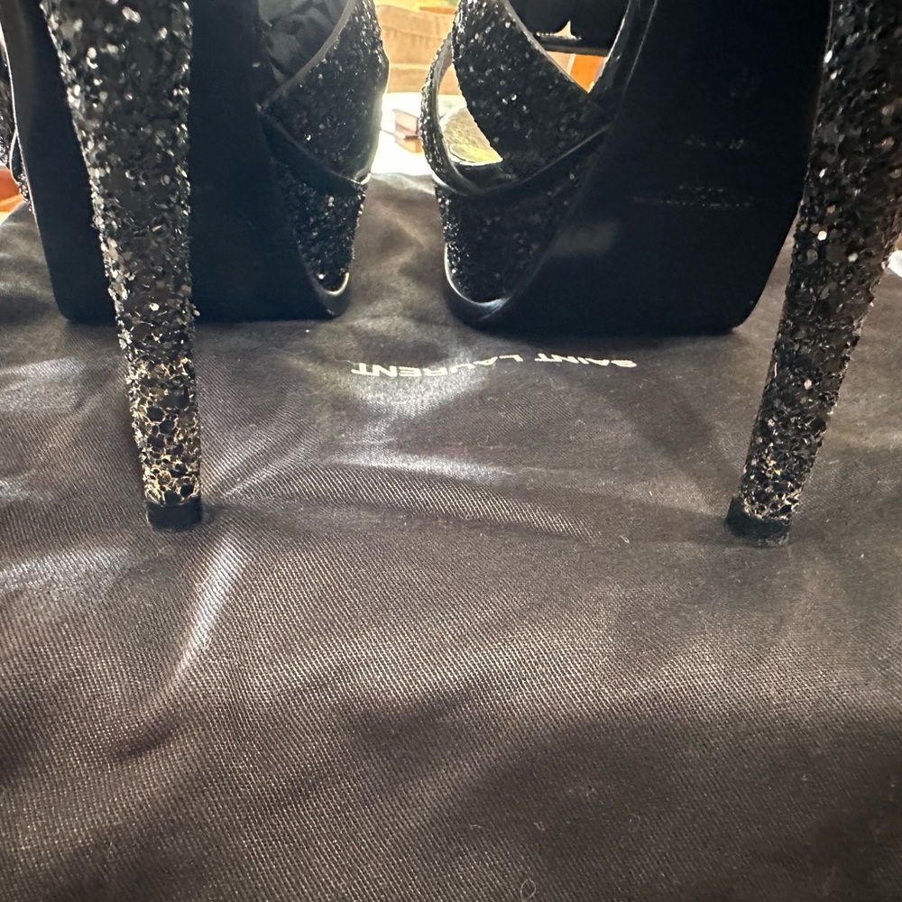 Saint Laurent Tribute Women's Black Glitter Python Sandals - Picture 6 of 7